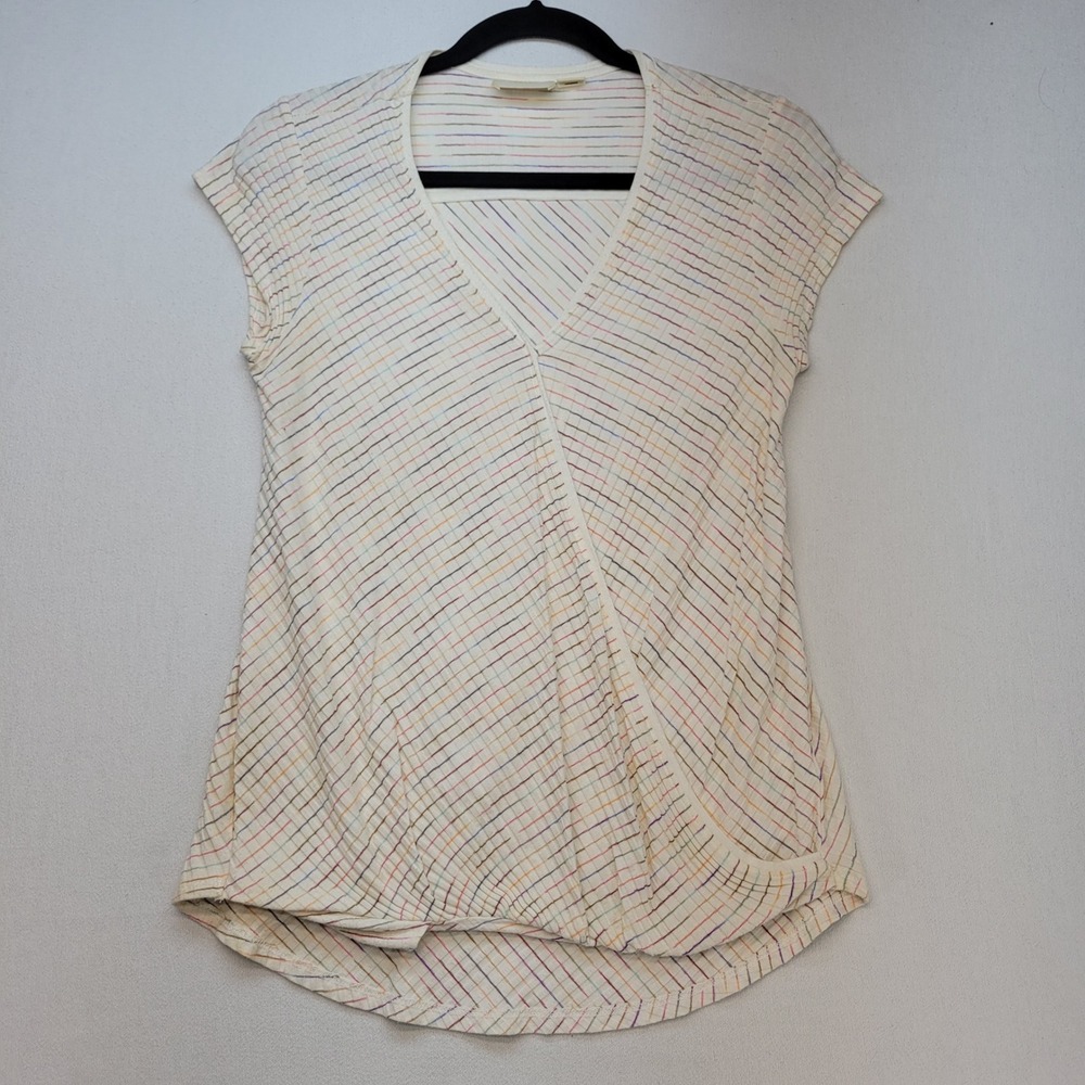 Maeve Wrap Top Womens Small Ivory Rainbow Stripe Surplice V-Neck Blouse